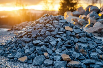 Sticker - A Pile of Gray Rocks with a Golden Sunset in the Background