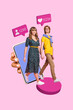 © deagreez - Composite trend artwork 3D sketch image photo collage of young lady guy couple date online app heart banner walk smartphone display