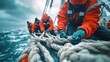 © At My Hat - Sailors work with thick rope. This image shows a crew working on a ship, suggesting teamwork, hard work, and the dangers of the sea.