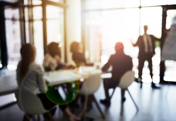 Poster - Presentation, blur and speaker with business people in meeting for financial, planning and company valuation. Investment report, asset management and budget portfolio with employees in office