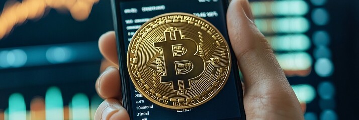 Poster - Image of a hand scrolling through cryptocurrency market data on a mobile screen representing modern finance with side empty space for text