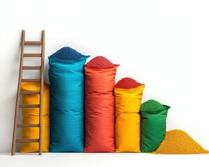 Colorful bags of granules arranged in ascending order next to a wooden ladder, creating a vibrant visual of progress and measurement.