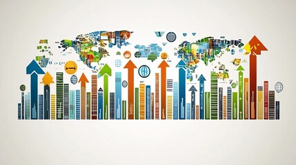 Fototapete - Abstract graphic showing global economy with circular charts and growth arrows, representing economic progress with side empty space for text