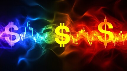 Poster - Abstract symbols for currency and stocks with trend lines, representing global market dynamics with side empty space for text