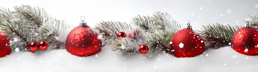 Wall Mural - red christmas balls, baubles, pine cones and spruce branches in a row covered with snow on white bac