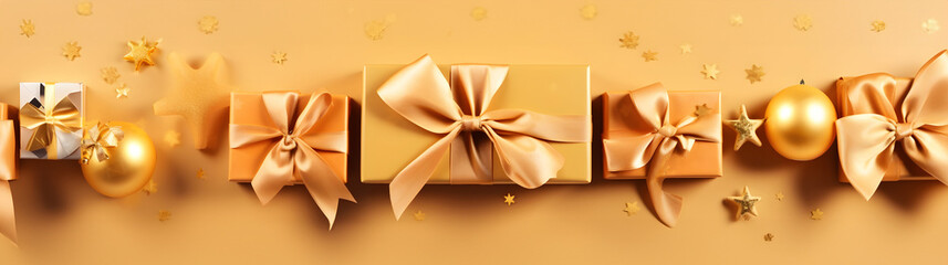 Wall Mural - golden christmas gifts, balls and decorations in a row on a gold abstract background. horizontal com