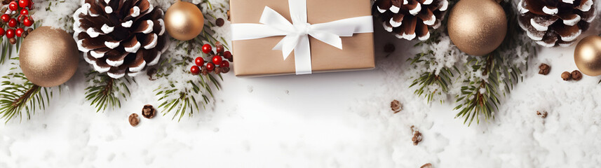 Wall Mural - rustic christmas gift with white ribbon, pine cones, spruce and fir branches and decorations in a ro