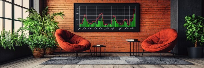 Aufkleber - Group of investors in a modern office discussing a financial growth strategy with screens showing global stock market trends and cryptocurrency data with empty space for text