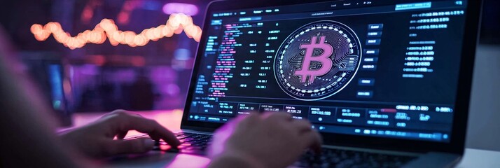 Leinwandbilder - Close-up of hands using a calculator with cryptocurrency data and market projections on a laptop screen, symbolizing financial planning in the digital era with empty space for text