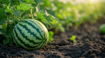 Watermelon growing in field with green vines, fresh summer fruit, organic farming, nature agriculture, ripe melon on soil, countryside gardening, healthy produce, sunlight