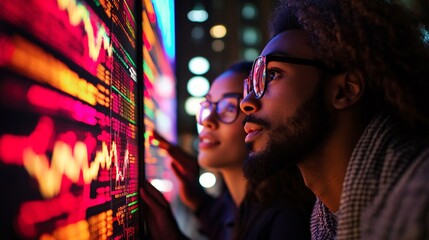 Aufkleber - Team of diverse business professionals collaborating on a financial growth strategy with screens showing global stock market trends and blockchain technology with empty space for text