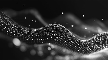 Poster - abstract digital wave pattern in monochrome showcasing dynamic movement and depth with shimmering pa