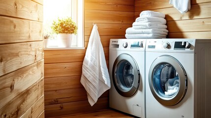 Wall Mural - Bright laundry room setup with washing machine, towels, and wooden decor