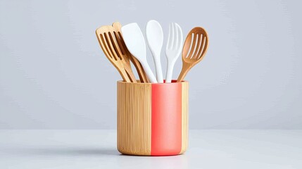 A vibrant utensil holder filled with wooden cooking utensils and white cutlery, adding a modern touch to any kitchen decor.