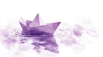 Wall Mural - A serene purple paper boat gently floating on calm water, surrounded by soft ripples and a dreamy atmosphere.