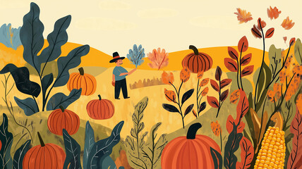 Wall Mural - Harvest Gathering in Folk Art: Festive scene of a farmer collecting pumpkins and corn.
