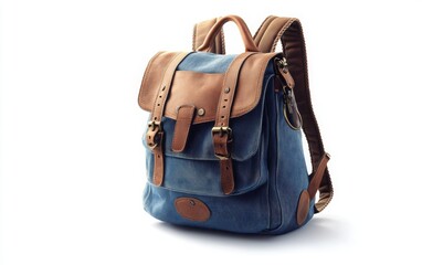 High-resolution product photograph of a retro blue and brown canvas backpack on a white background, 