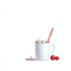 Festive hot chocolate in white mug topped with marshmallows and candy cane, perfect for holiday celebrations