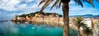  Liguria, Italy travel. beautiful Bay of Silence and beach, town Sestri Levante.panoramic view with colorful houses