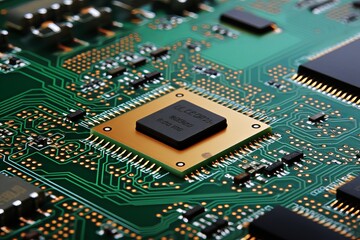 Poster - Close-up view of a CPU on a detailed printed circuit board showcasing intricate connections