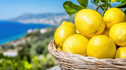 Sticker - Bright yellow lemons fill a woven basket, set against a stunning coastal landscape with vibrant greenery and a clear blue ocean