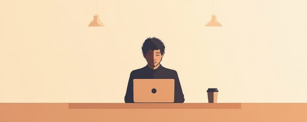 Poster - Minimalist flat illustration of a person working on a laptop at a desk, conveying focus and concentration in a modern workspace