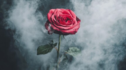 Wall Mural - The vibrant red rose emerges gracefully through a veil of soft smoke, creating an enchanting and captivating visual effect