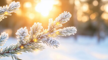 Wall Mural - A frosted pine branch sparkles with twinkling lights as the warm winter sunset illuminates the serene landscape