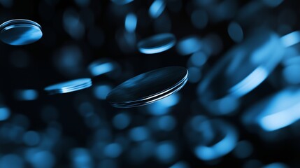 Poster - floating blue coins illuminated against a dark background, creating a mesmerizing visual of depth an