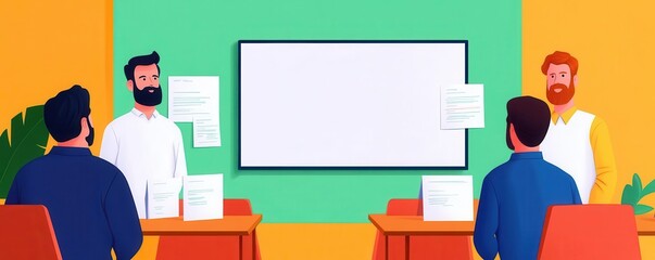 Poster - A modern meeting scene with two presenters speaking to an audience, featuring a blank whiteboard and notes in a colorful environment.