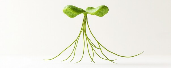 Wall Mural - A vibrant green seedling with delicate roots, symbolizing new growth and potential in a minimalistic setting.