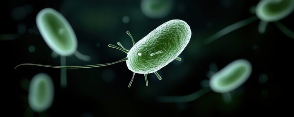 A microscopic view of green bacteria, showcasing their structure and movement in a dark, blurred background.