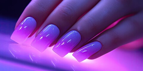 Stylish manicure featuring a gradient effect applied to womens nails while they are under a lamp as part of the nail polish application process.