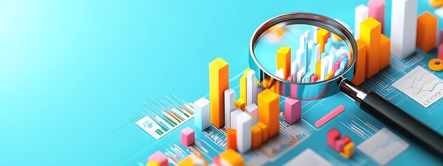 Poster - A magnifying glass is on a blue background with a cityscape in the foreground