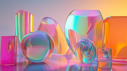 Poster - Colorful transparent glass shapes arranged artistically on a reflective surface with a vibrant gradient background