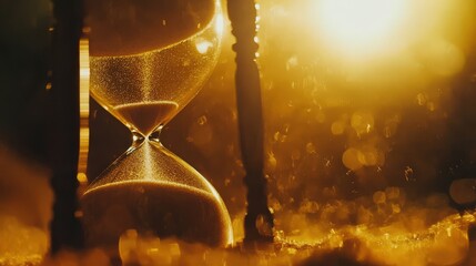 Poster - Golden sand flows gracefully through the narrow center of an hourglass, with a warm glow illuminating the scene, creating a sense of tranquility