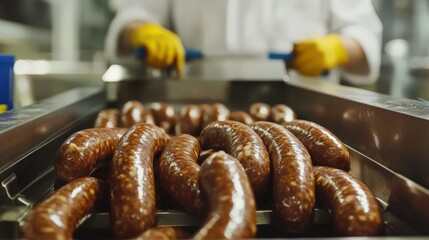 Poster - The image shows freshly made sausages rolling down a conveyor belt in a meat processing facility, with a worker carefully overseeing the production process