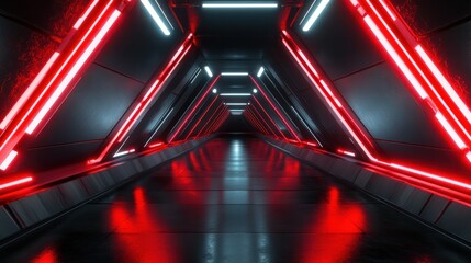Poster - A futuristic triangle passageway with dark glossy walls and vibrant neon red lines running along the edges creating