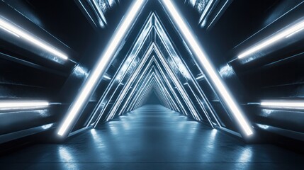 Poster - A futuristic triangle passageway with dark glossy walls and vibrant neon red lines running along the edges creating