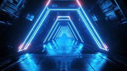 Poster - A high-tech triangular corridor with glowing blue neon lights and reflective surfaces extending into the distance