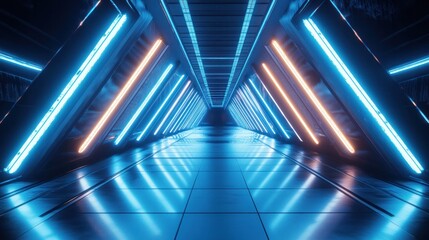Poster - A high-tech triangular corridor with glowing blue neon lights and reflective surfaces extending into the distance