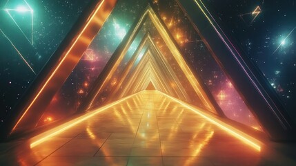 Poster - A high-tech triangular corridor with glowing blue neon lights and reflective surfaces extending into the distance
