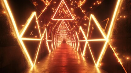 Poster - A high-tech triangular corridor with glowing blue neon lights and reflective surfaces extending into the distance