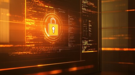 Poster - A vibrant computer display features a lock symbol, representing security protocols and data protection measures in the digital workspace