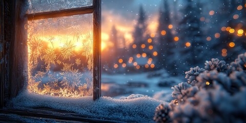 Poster - Frosty Windowpane with Winter Sunset and Lights