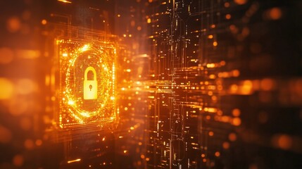 Poster - A vibrant computer screen displays a glowing lock symbol, symbolizing security and protection, enveloped in warm, shimmering digital patterns that convey a sense of safety
