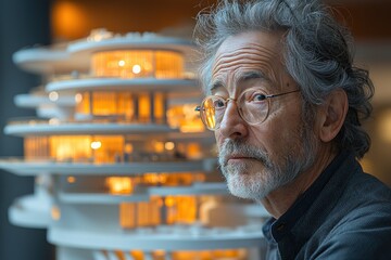Poster - Portrait of an Elderly Man with a Model of a Modern Building in the Background