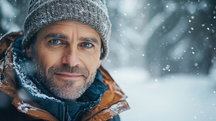 Outdoor winter portrait of older man in snow, orange jacket, beanie, mountain hike, cold weather, adventure, seasoned traveler, nature enthusiast, smile, hiking gear