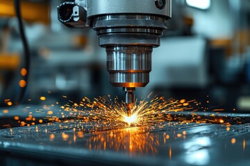 Poster - Close-up of a Drill Press Cutting Metal with Sparks Flying
