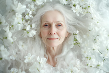 candid portrait of a slightly smiling blue eyed old woman with long white wavy hair and wrinkled beautiful kind face , surrounded by white flowers and floating petals 